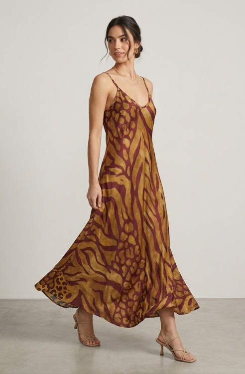 Μάξι Σατέν Slip Dress Με Εντυπωσιακό Abstract Animal Print-4551