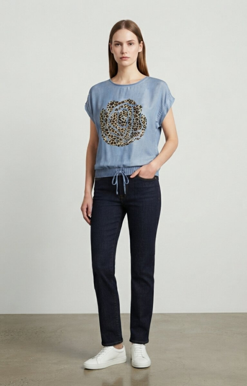 Ανάλαφρο Denim Look Τοπ Με Leopard Rose Stamp Και Κορδόνι-4539