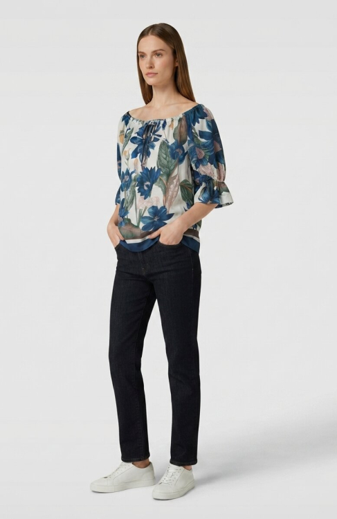Floral Off-Shoulder Μπλούζα Με Μανίκια Τρία Τέταρτα Σε Λευκό Και Μπλε-4543