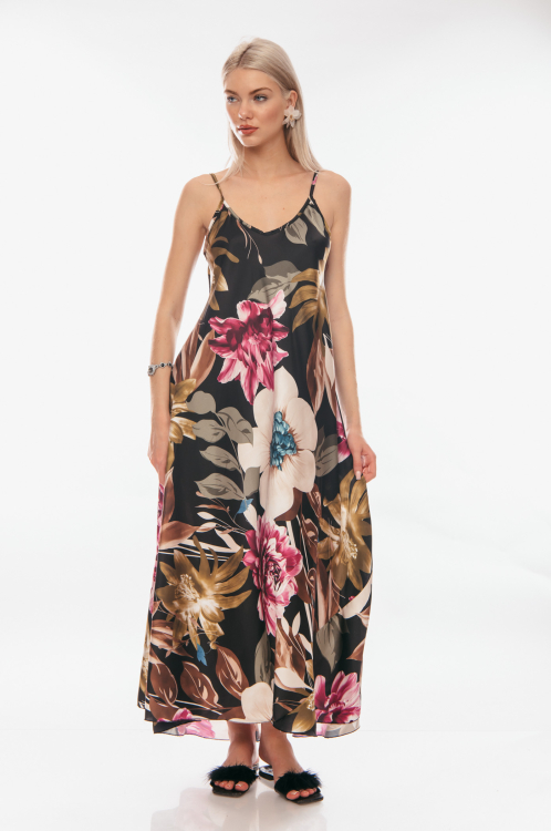 Μάξι φλοράλ φόρεμα με τιράντες και εβαζέ στο στήθος-4193