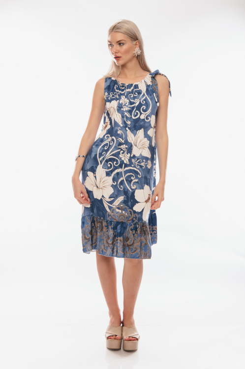 Εμπριμέ μπλε ριχτό φόρεμα με λάστιχο και φιόγκο στους ώμους-4199