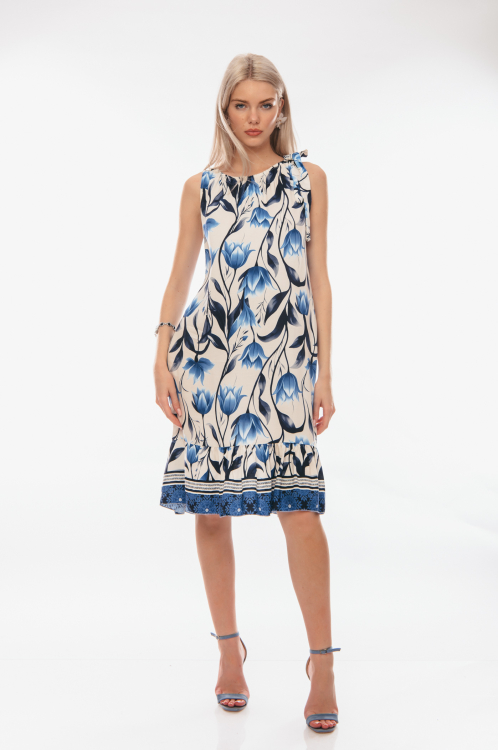 Εμπριμέ εκρού-μπλε ριχτό φόρεμα με λάστιχο και φιόγκο στους ώμους-4202