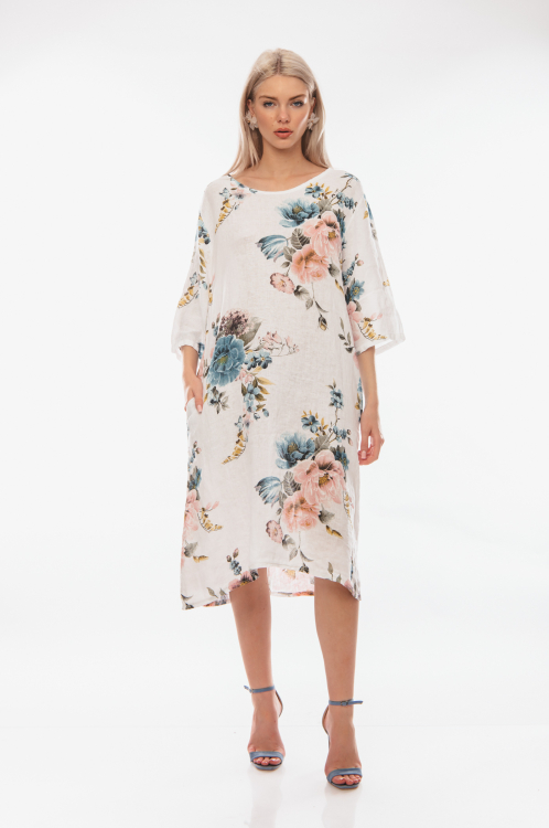Λινό ριχτό φόρεμα φλοράλ με τσέπες και 3/4 μανίκι-4203