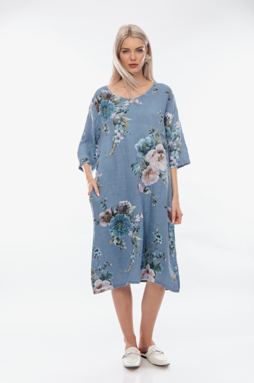 Λινό ριχτό φόρεμα φλοράλ γαλαζιο με τσέπες και 3/4 μανίκι-4207