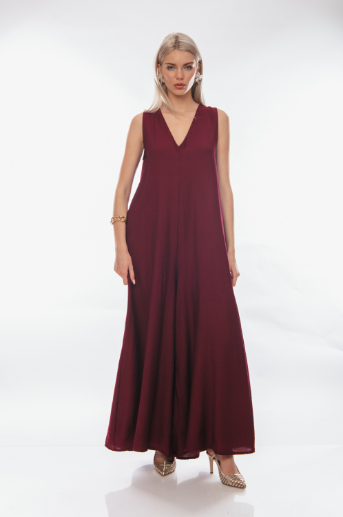 Ολόσωμη άνετη φόρμα μπορντώ με φαρδιά τιράντα-4221