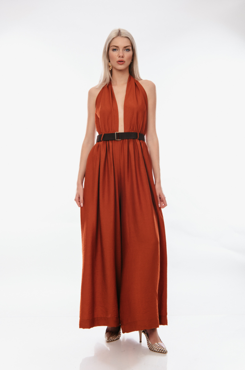  Ολόσωμη φόρμα με δέσιμο στο λαιμό και ανοιχτή πλάτη κεραμιδί-4239