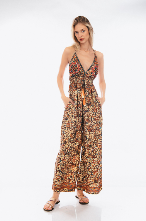 Ολόσωμη φόρμα με V λαιμόκοψη & εμπριμέ μοτίβο - boho στυλ-4261