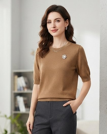 Κοντομάνικη Πλεκτή Μπλούζα Με Lurex & Διακοσμητική Καρφίτσα-SY530