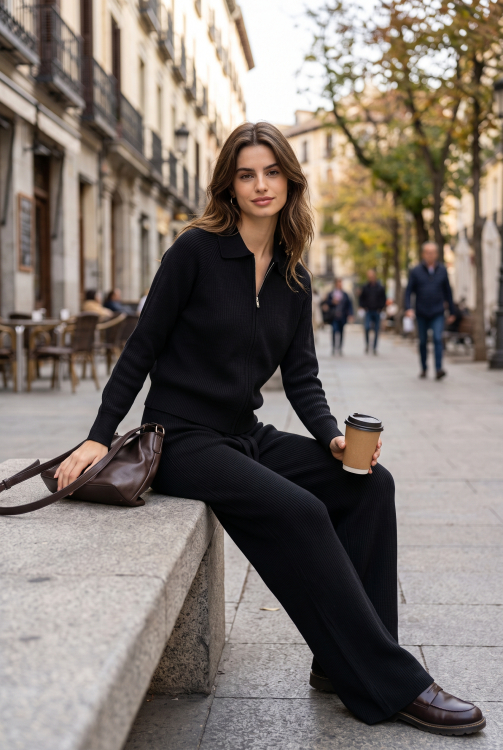Πλεκτό Σετ Ριμπ Ζακέτα Με Φερμουάρ & Wide-Leg Παντελόνα-SF1019AB