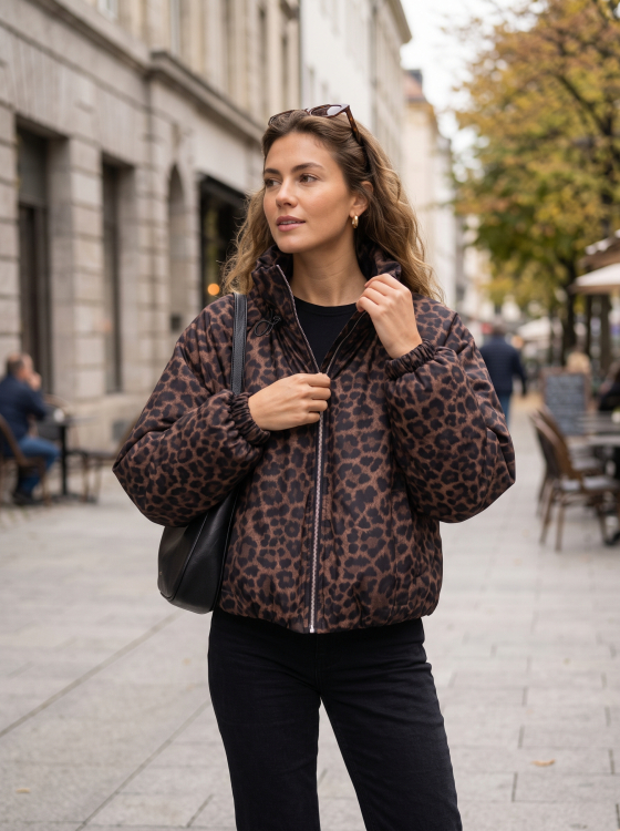 Κοντό Puffer Μπουφάν Με Leopard Print & Όρθιο Γιακά-4558