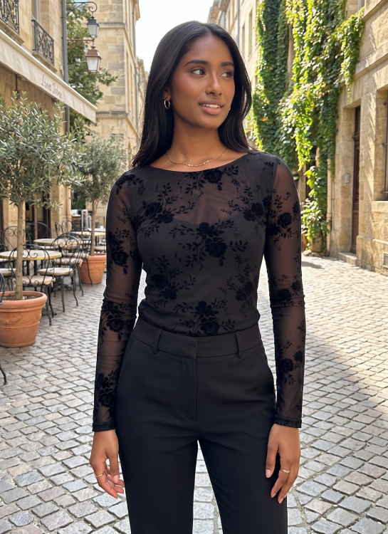 Διάφανη Mesh Μπλούζα Με Floral Βελουτέ Μοτίβο-49893