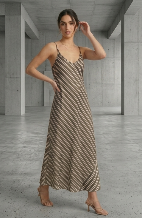 Μίντι Σατέν Slip Dress Με Διαγώνιες Ρίγες Σε Χακί & Εκρού-4552
