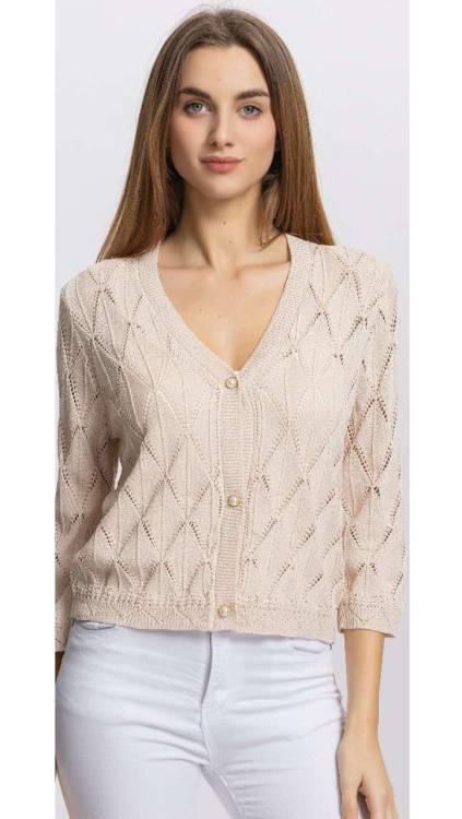 Γυναικείο Πλεκτό Ζακετάκι με Δαντελωτή Ύφανση και Κουμπιά-Πέρλες σε Απαλό Μπεζ-78049
