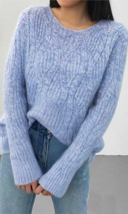 Μαλακό Πουλόβερ Μοχέρ με Ανοιχτή Πλέξη & Σχέδια Γαλάζιο-77852