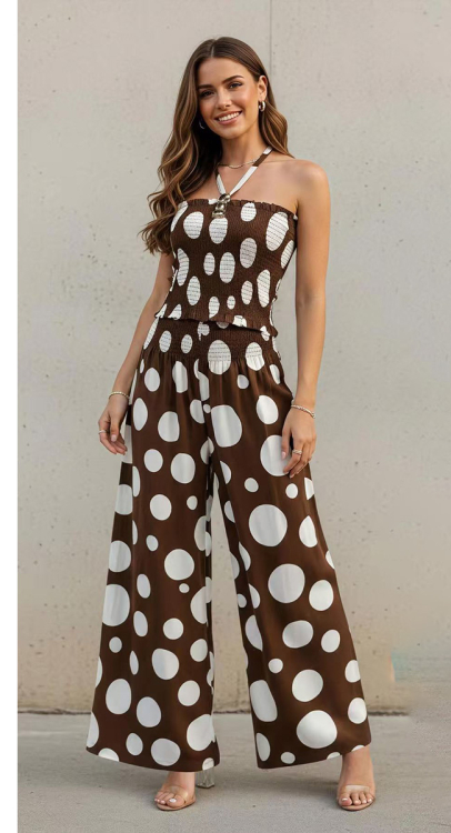 Σετ Δύο Τεμαχίων: Στράπλες Top με Σφηκοφωλιά & Παντελόνα με Πουά Σχέδιο-FG-562