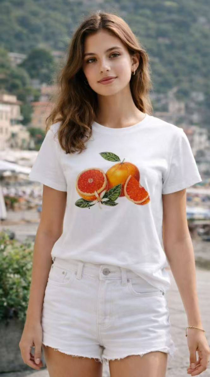 Γυναικείο T-Shirt με Στρογγυλή Λαιμόκοψη και Τύπωμα Πορτοκάλια-83505