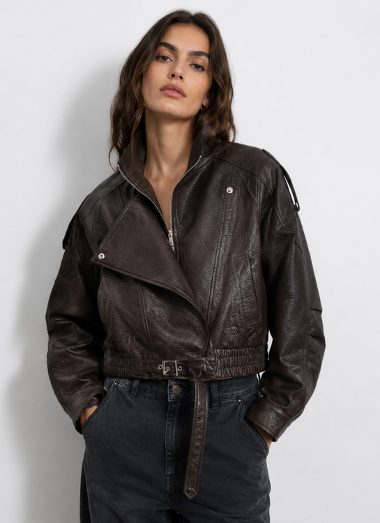 Cropped Biker Τζάκετ Δερματίνης Με Ζώνη & Retro Λεπτομέρειες-MH338