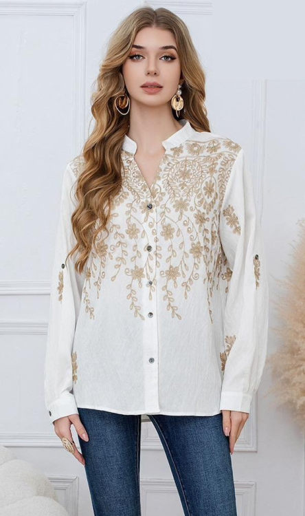 Γυναικείο Λευκό Πουκάμισο με Περίτεχνο Χρυσό Κέντημα και Μανίκια με Ρεβέρ-DJ300
