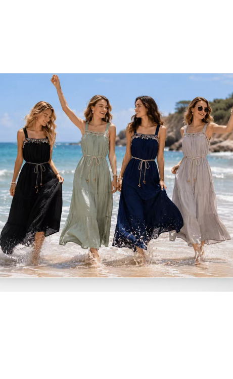 Maxi Αέρινο Φόρεμα με Κέντημα στο Μπούστο & Κορδόνι στη Μέση-26673