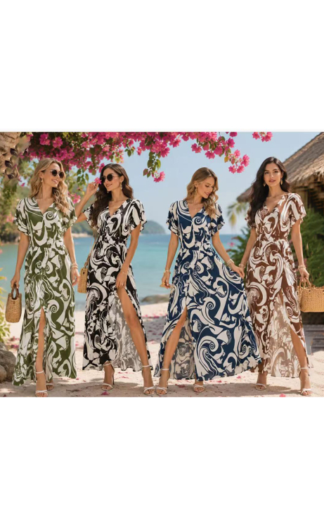 Maxi Αέρινο Φόρεμα με Swirl Retro Μοτίβο, V Λαιμόκοψη & Σκίσιμο-26838