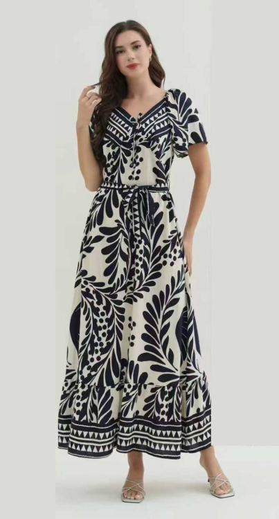 Maxi Φόρεμα με Ethnic Μοτίβο και Ζώνη-FW186