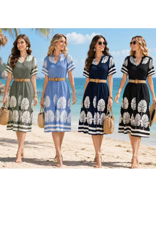 Midi Αέρινο Φόρεμα Shirt-Dress με Tropical Botanical Print & Ψάθινη Ζώνη-26390