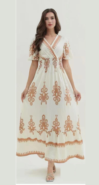 Γυναικείο Boho Μάξι Φόρεμα με V-λαιμόκοψη, Σφηκοφωλιά στη Μέση και Ethnic Μοτίβα σε Λευκό-Καφέ-FW153-6