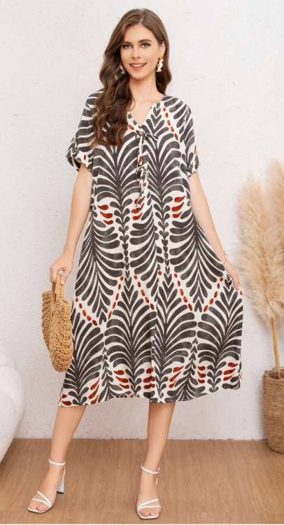 Γυναικείο Midi Αέρινο Φόρεμα με Ethnic Μοτίβο και Κορδόνια στο Λαιμό-A26505