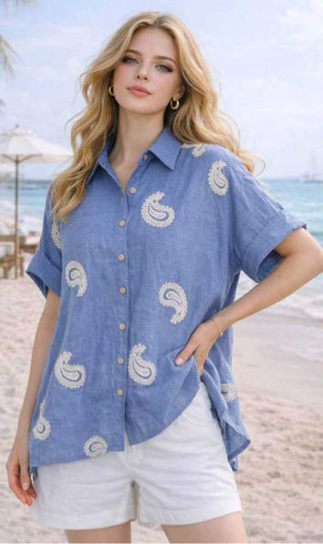 Λινή Πουκαμίσα με Λευκά Paisley Κεντήματα - Denim Blue-JC8766