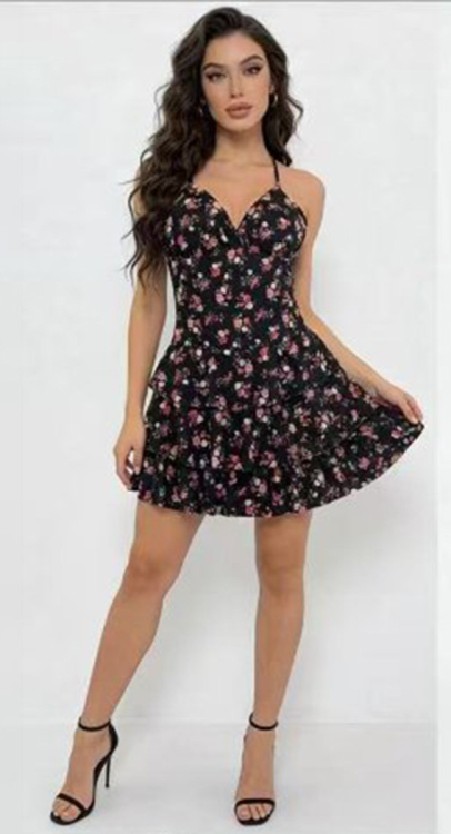 Γυναικείο Μίνι Φλοράλ Φόρεμα με Λεπτές Τιράντες, V Λαιμόκοψη και Βολάν-47095