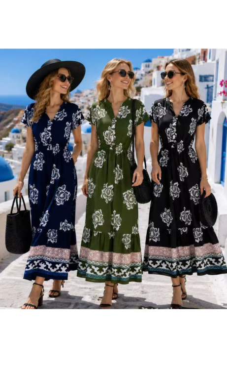 Maxi Αέρινο Φόρεμα με Floral-Ethnic Μοτίβο & Κουμπιά-26571