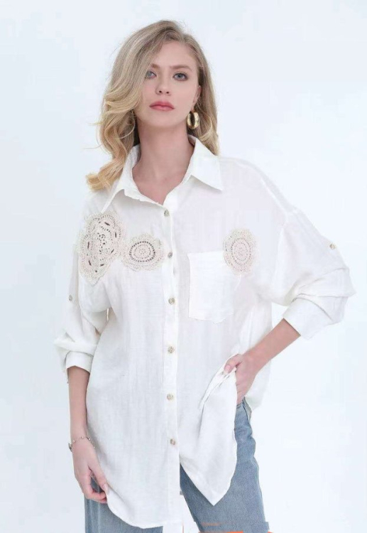 Γυναικείο Λευκό Λινό Πουκάμισο με Χειροποίητα Crochet Μοτίβα και Oversized Γραμμή-JC-8693