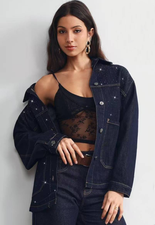 Oversized Τζιν Τζάκετ Με Strass Σε Σκούρο Μπλε-S715-22
