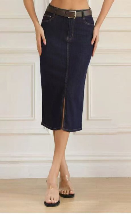 Γυναικεία Denim Μίντι Φούστα σε Σκούρο Μπλε Χρώμα με Μπροστινό Σκίσιμο και Διακοσμητικές Ραφές-MG7617/84