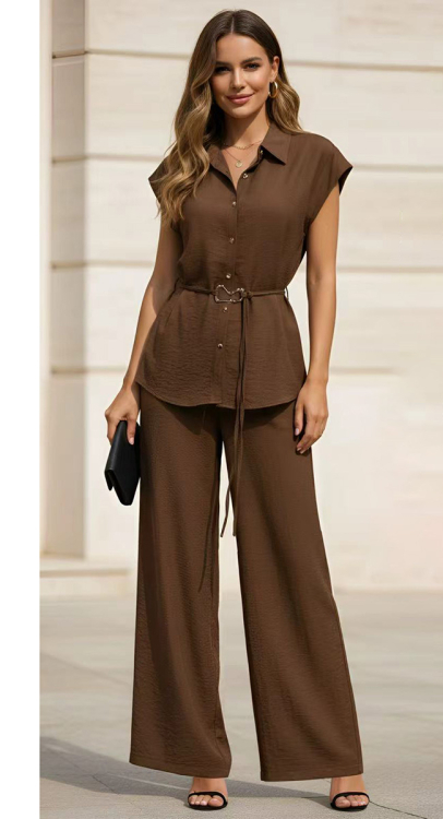 Σετ Αμάνικο Πουκάμισο με Ζώνη & Wide-Leg Παντελόνα-FG-6198