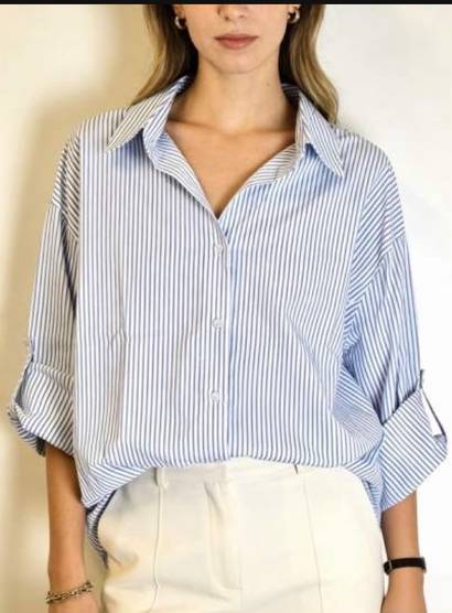 Γυναικείο Ριγέ Πουκάμισο σε Μπλε-Λευκό Χρώμα με Μακριά Μανίκια και Άνετη Γραμμή-CR2392