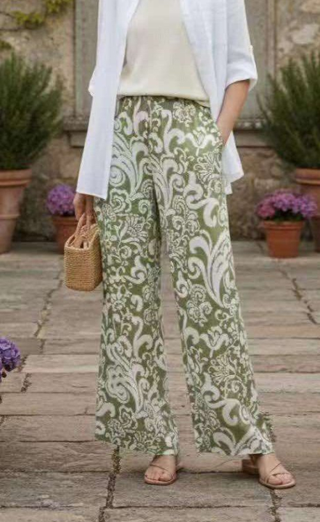 Γυναικείο Παντελόνι Wide-Leg με Ethnic Print σε Πράσινο Χρώμα-FC523