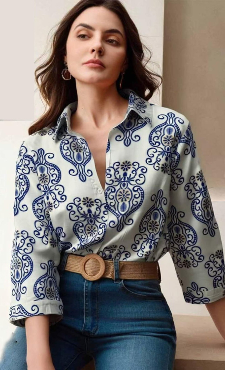 Γυναικείο Floral Πουκάμισο σε Λευκό-Μπλε με Λαχούρια και Folklore Μοτίβα-A-387