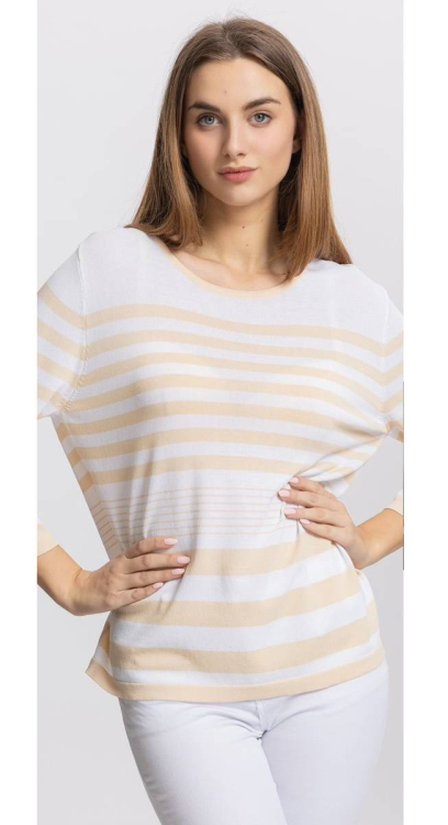 Γυναικεία Πλεκτή Μπλούζα με Οριζόντιες Ρίγες, Στρογγυλή Λαιμόκοψη και Μανίκια 3/4 σε Λευκό και Μπεζ-71553