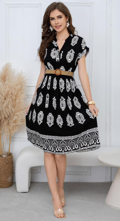 Γυναικείο Κοντό Φόρεμα με Ethnic Μοτίβα και Ψάθινη Ζώνη-A26392