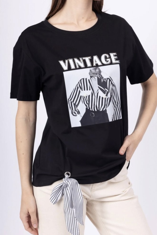 Μαύρο T-shirt με Vintage Print & Λεπτομέρεια Κόμπο-P199B