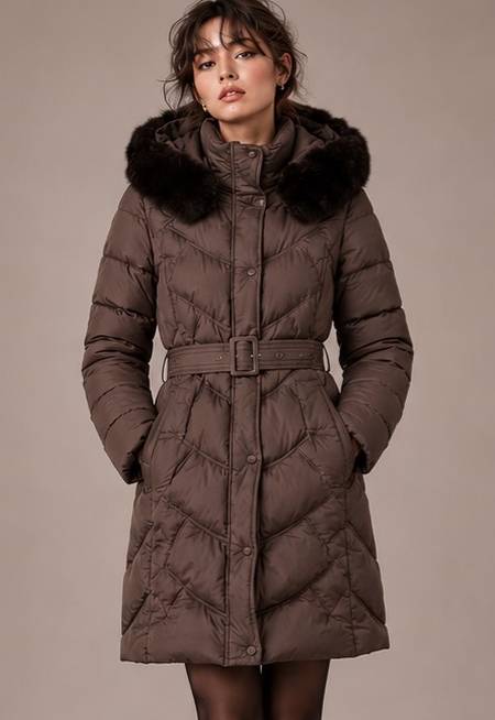 Μεσάτο Puffer Παλτό Με Chevron Καπιτονέ, Ζώνη & Κουκούλα Faux Fur-26907B