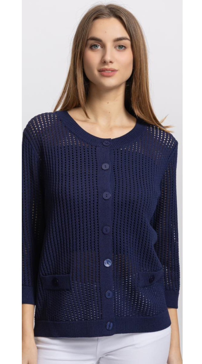 Γυναικεία Πλεκτή Ζακέτα με Διάτρητη Ύφανση, Στρογγυλή Λαιμόκοψη και Τσέπες σε Μπλε Σκούρο-71533