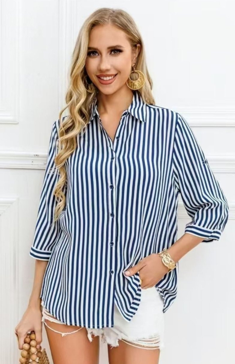 Γυναικείο Ριγέ Πουκάμισο σε Μπλε-Λευκό Χρώμα με Μανίκια 3/4 και Κλασικό Γιακά-25Q039