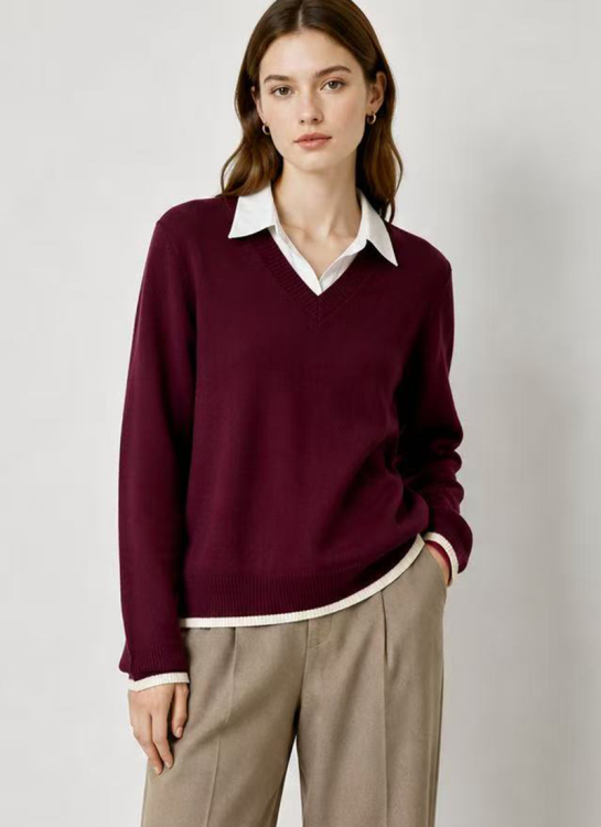 Πλεκτό Πουλόβερ V-Neck Με Ενσωματωμένο Γιακά & Contrast Τελειώματα-HL1136