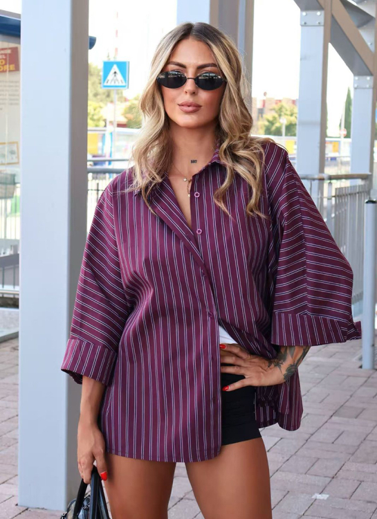 Oversized Ριγέ Πουκάμισο Μπορντό Με Φαρδιά Μανίκια-4557