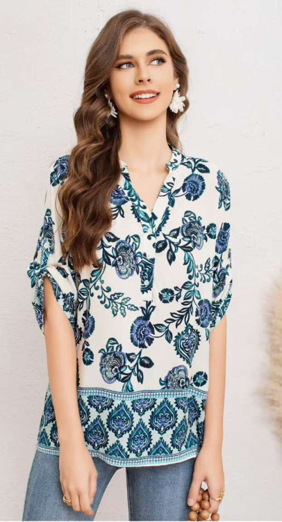 Λευκή Floral Μπλούζα με Ethnic Μοτίβα & Πατιλέτα-A26372