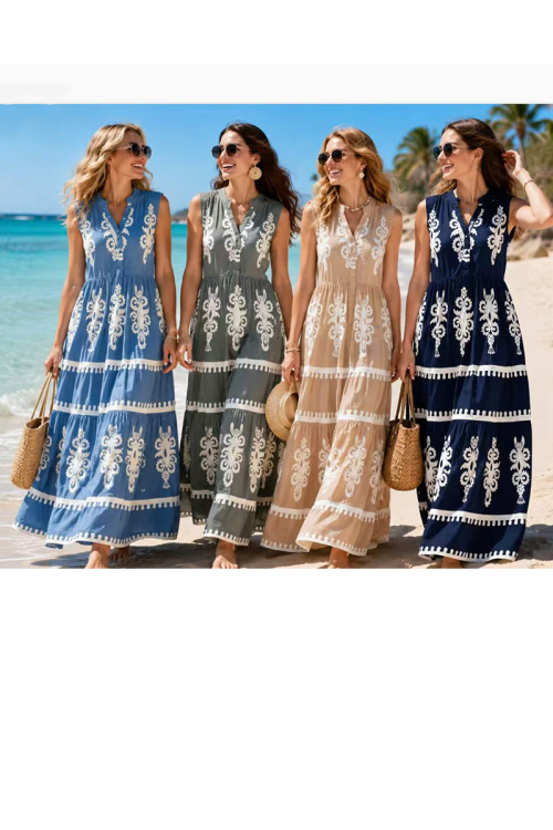 Maxi Boho Φόρεμα Αμάνικο με Ethnic Embroidery Print & Tiered Βολάν-26767