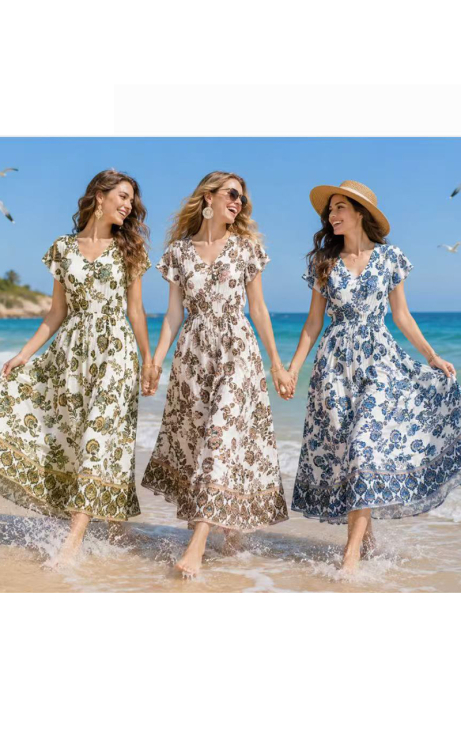Maxi Αέρινο Φόρεμα με Floral-Paisley Μοτίβο, V Λαιμόκοψη & Κοντό Μανίκι-26809