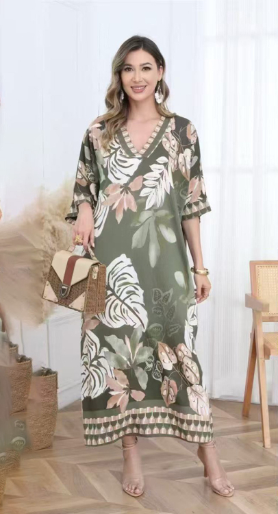 Γυναικείο Πράσινο Maxi Καφτάνι με Floral & Τροπικά Κεντήματα-JS62